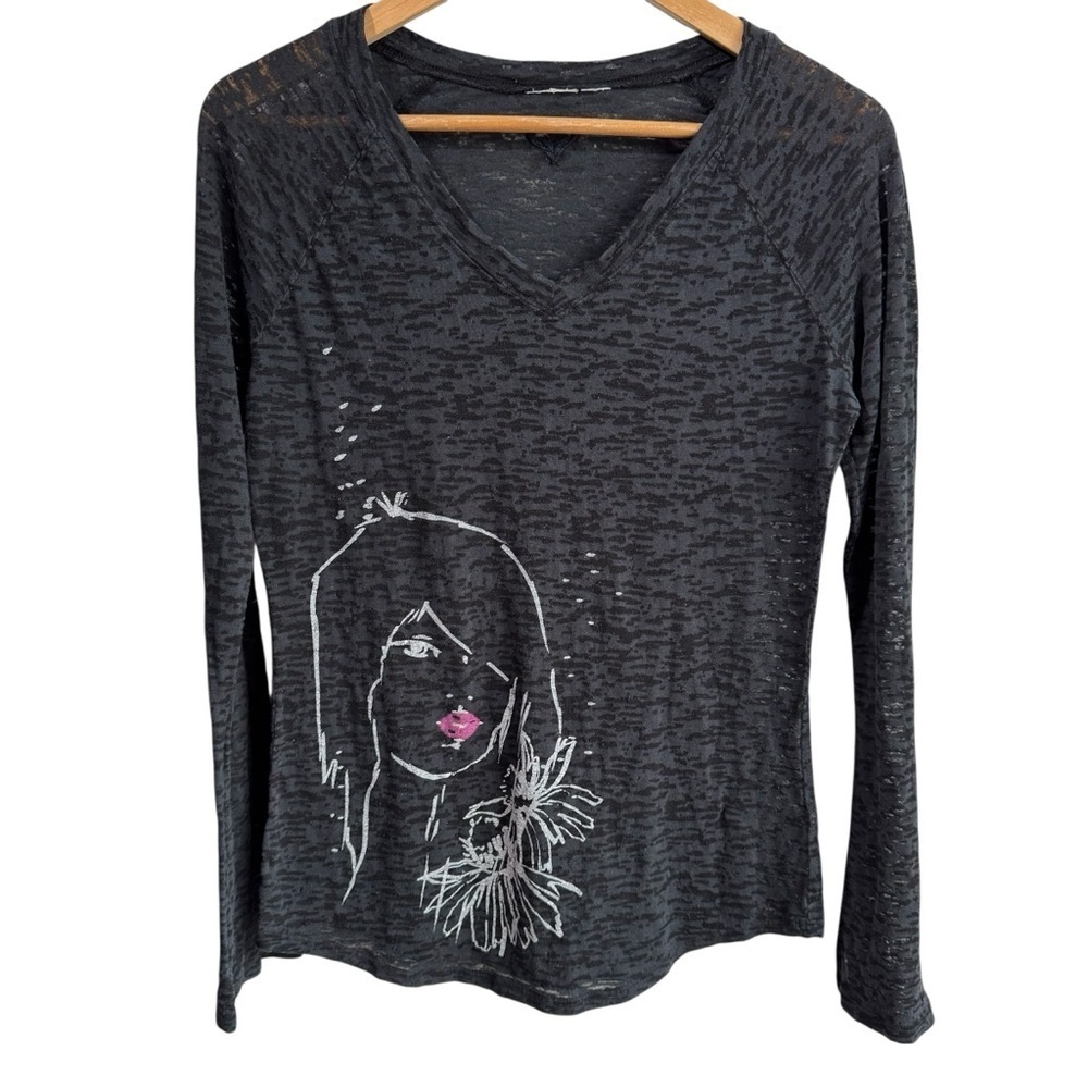 Vintage Y2K 00s Roxy Burnout Sheer Long Sleeve Shirt S/M Black Graphic GUC